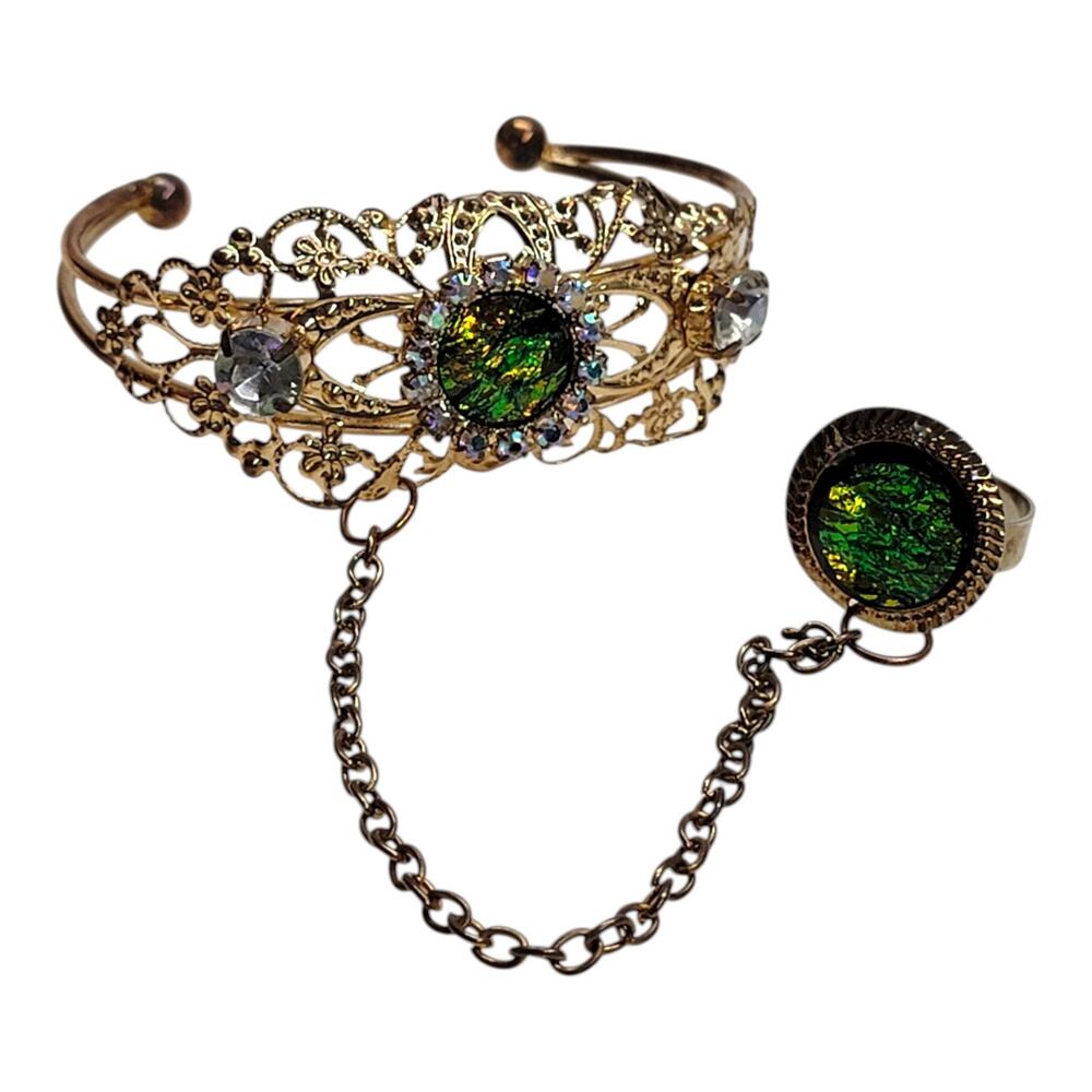 Vintage Green Foil Art Glass Filigree Slave Bracelet Ring Hand Chain Gold Tone
